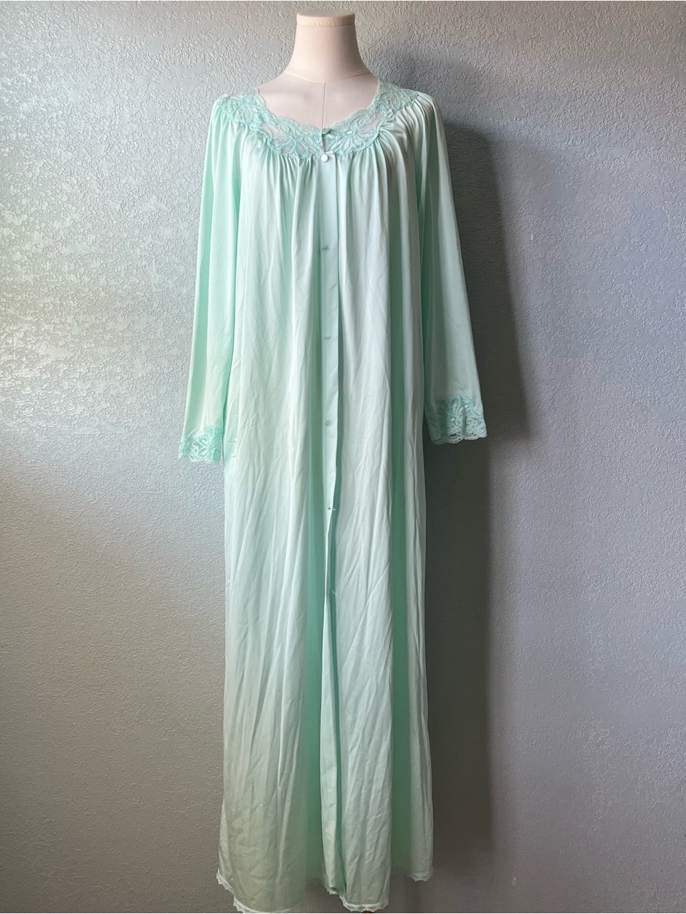 Vintage Shadowline Mint Green Long Nightgown Medium Lace Trim USA Nylon Tricot